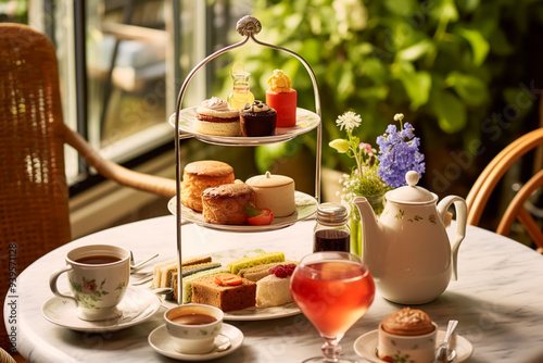 Afternoon tea in the restaurant garden, English tradition and luxury service, tea cups, cakes, scones, sanwiches and desserts, holiday table decor and afternoon tea stand, post-processed, generative