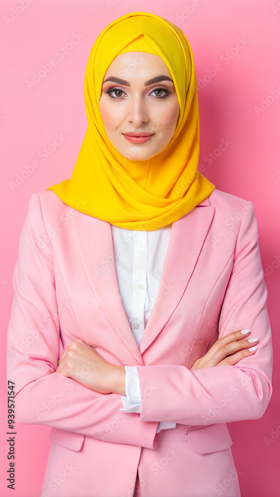 A confident woman in a hijab wearing a beige suit poses elegantly against a soft pink background in a professional setting. Generative AI A confident woman in a hijab wearing a beige suit poses elegantly against a soft pink background in a professional setting. Generative AI