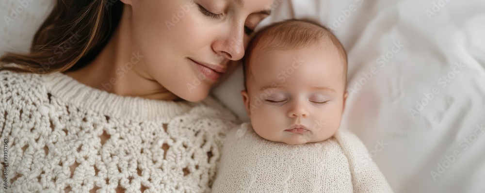 A peaceful moment between a mother and her sleeping baby, both in cozy sweaters, radiating love and warmth. A peaceful moment between a mother and her sleeping baby, both in cozy sweaters, radiating love and warmth.