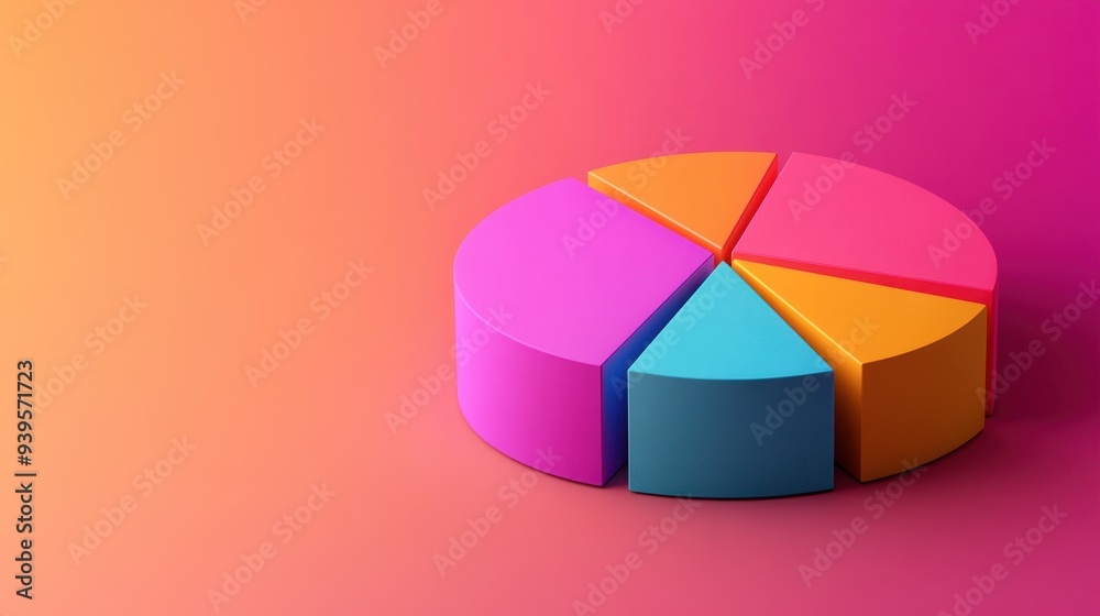 Obraz premium Abstract 3D pie chart diagram with vibrant colors, sleek design, and minimalist background, presenting data visually in a dynamic layout