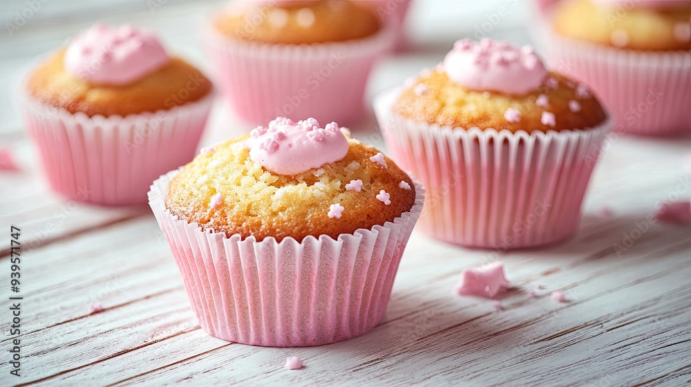 A close-up shot of pink cupcakes with pink frosting and sprinkles on a white wooden surface. A close-up shot of pink cupcakes with pink frosting and sprinkles on a white wooden surface.