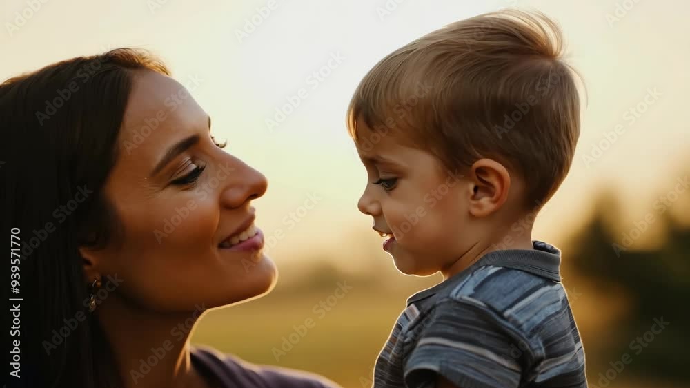 A joyful mother interacts with her young son, sharing smiles and laughter against the backdrop of a tranquil sunset. Their bond is evident in this heartwarming exchange. A joyful mother interacts with her young son, sharing smiles and laughter against the backdrop of a tranquil sunset. Their bond is evident in this heartwarming exchange.