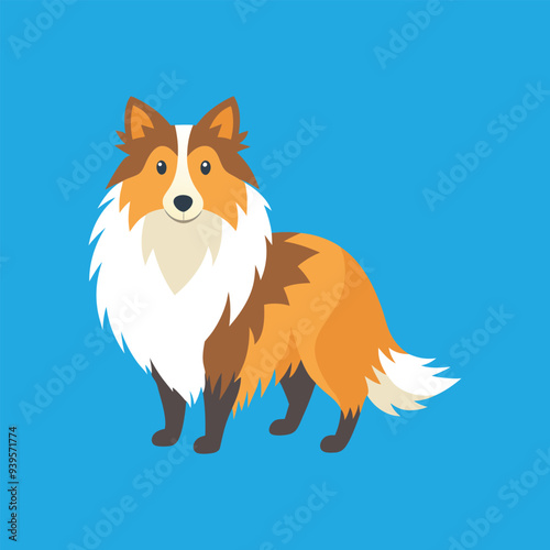 This charming cartoon depiction of a Shetland Sheepdog against a vibrant blue background captures the breed's playful and intelligent nature. The illustration highlights the dog's distinctive features