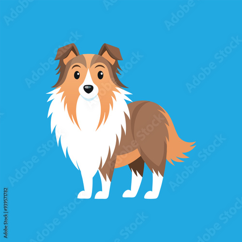 This charming cartoon depiction of a Shetland Sheepdog against a vibrant blue background captures the breed's playful and intelligent nature. The illustration highlights the dog's distinctive features