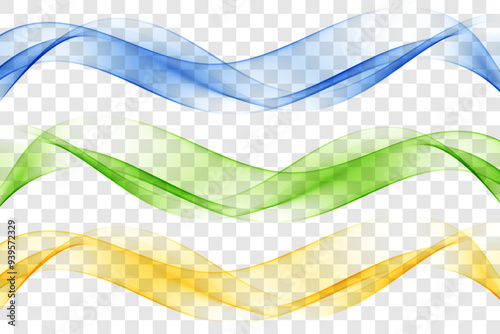 Blue, green and orange smoky waves, abstract wave flow, set.