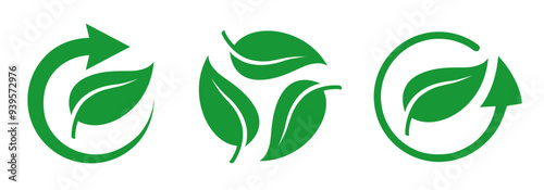 Green leaf and arrow icons for biodegradable recyclable organic bio labels package, recyclable and bio degradable package stamps, set recycle leaves label logo, leaf recycle, using recycled resources