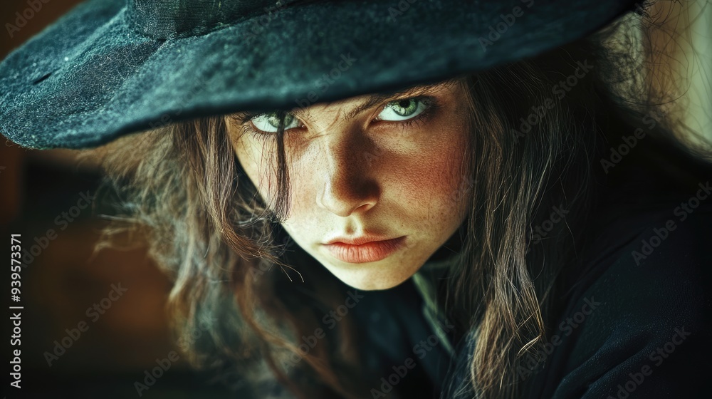 Close-up Portrait of a Mysterious Woman Wearing a Hat Close-up Portrait of a Mysterious Woman Wearing a Hat
