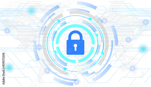 Digital protection and security cyberspace, network data and dynamic circle lines on a light blue background, cyber security concept with a padlock icon