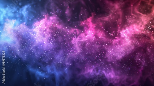 This image depicts a cosmic landscape filled with colorful nebulae and stars in shades of purple, blue, and pink, creating a mystical and serene visual experience.