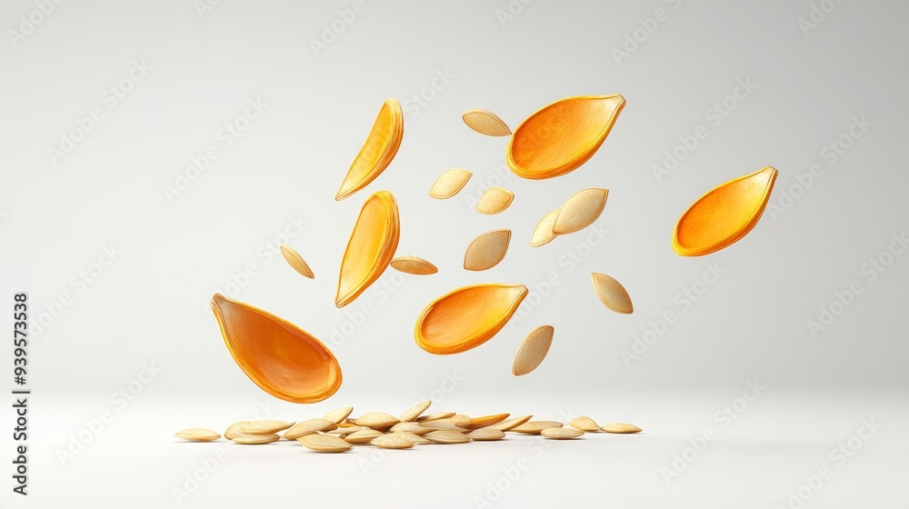 A 3D illustration of organic pumpkin seeds scattered in a visually appealing arrangement, symbolizing natural goodness, healthy snacking, autumn harvest, and culinary creativity. A 3D illustration of organic pumpkin seeds scattered in a visually appealing arrangement, symbolizing natural goodness, healthy snacking, autumn harvest, and culinary creativity.