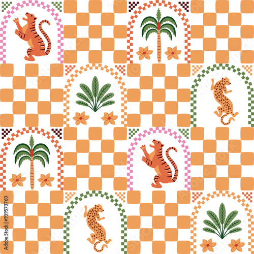 Summer tropical checkered seamless pattern with chess, tiger, jaguar, palm tree. Wild animal in arched elements. Vector geometry repeat background, yellow fabric, textile, wallpaper. Cute illustration