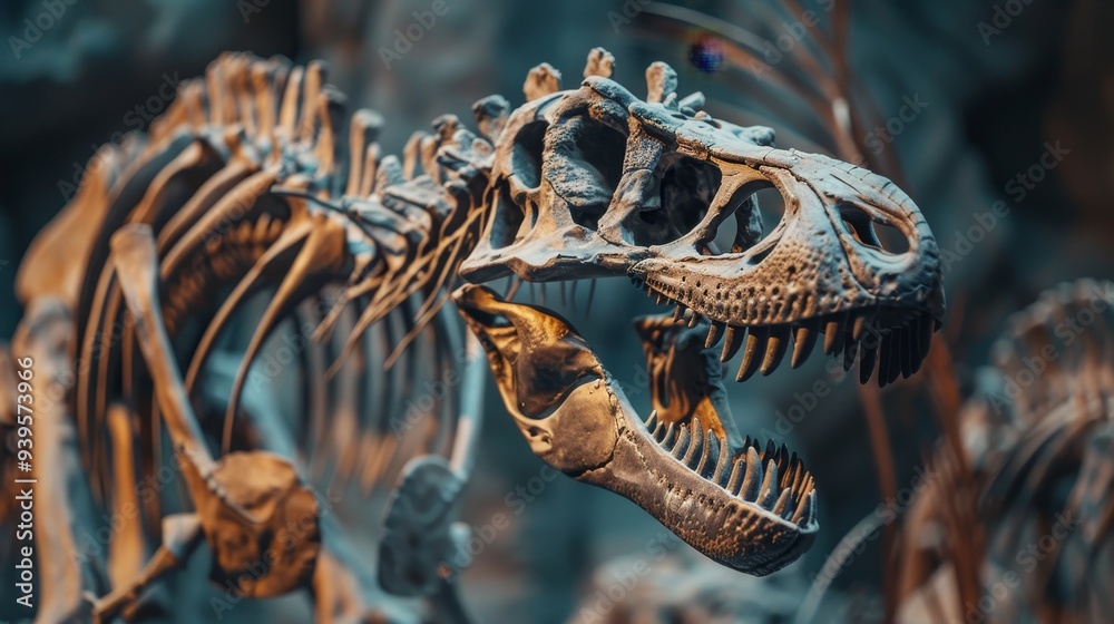 Fototapeta premium Dinosaur tyrannosaur skeleton in museum horizontal composition background