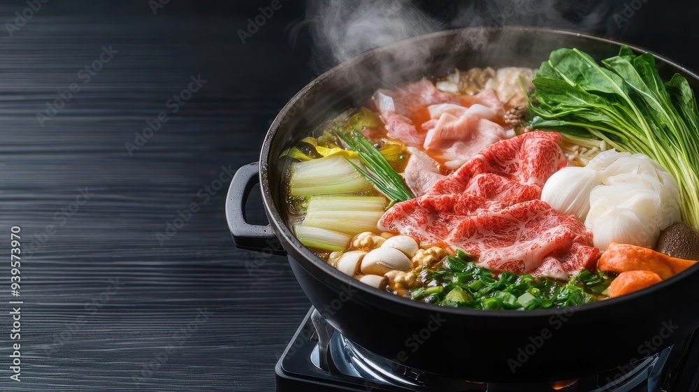 A steaming pot of delicious hot pot filled with fresh vegetables and meats, perfect for a comforting meal with family and friends. A steaming pot of delicious hot pot filled with fresh vegetables and meats, perfect for a comforting meal with family and friends.