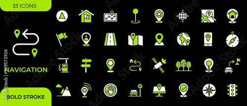 Location icon set. Containing map, map pin, gps, destination, directions, distance, place, navigation and address icons. Solid icons vector