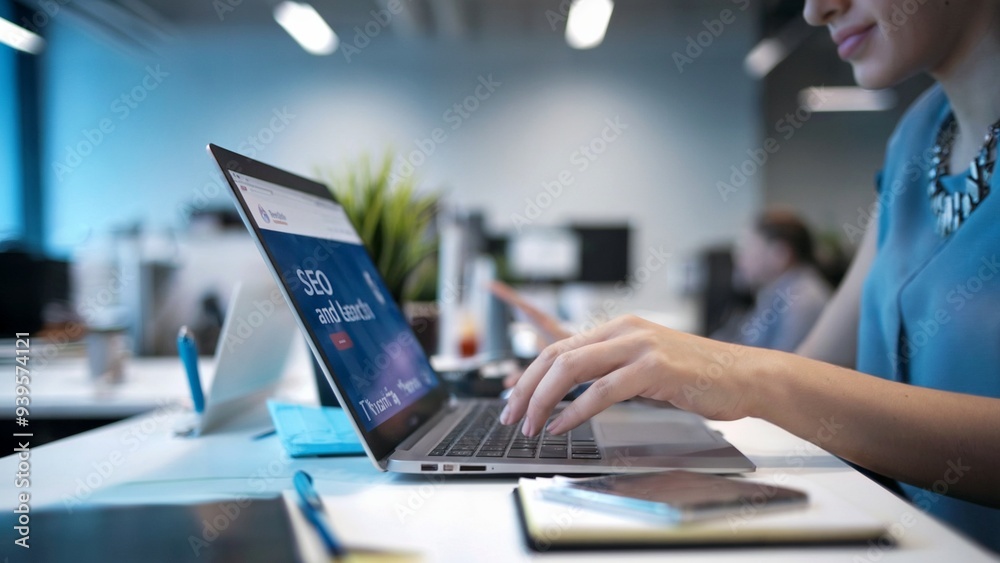 4K Blurred view over shoulder with high definition focus on the hands of a young office lady using a laptop. About SEO and search, all in a state-of-the-art office.