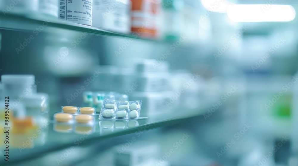 A shelf filled with various medications and pills in a pharmacy setting. A shelf filled with various medications and pills in a pharmacy setting.