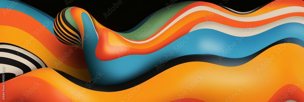 A captivating abstract design featuring a dynamic wave pattern in a vibrant color palette. The composition evokes a sense of movement, energy, and psychedelic artistry. The interplay of colors, shapes