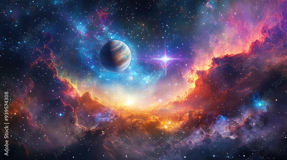 Neptune in the galaxy, with colorful nebulae and bright stars in the background, creating a stunning celestial landscape. Neptune in the galaxy, with colorful nebulae and bright stars in the background, creating a stunning celestial landscape.