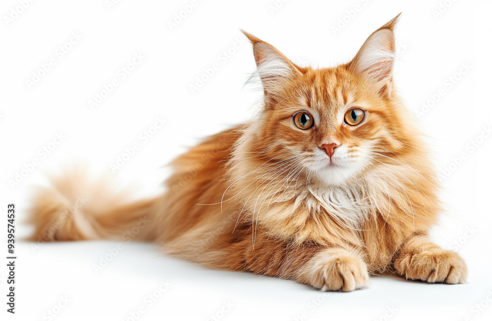 Fluffy red Maine Coon cat lies on a light background Fluffy red Maine Coon cat lies on a light background