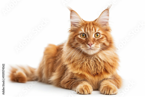 Fluffy red Maine Coon cat lies on a light background