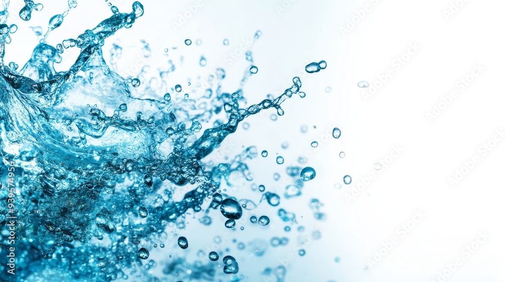 A captivating image of a blue water splash with bubbles against a clean white background.  The image symbolizes freshness, purity, energy, and the power of water. It evokes a sense of motion and fluid