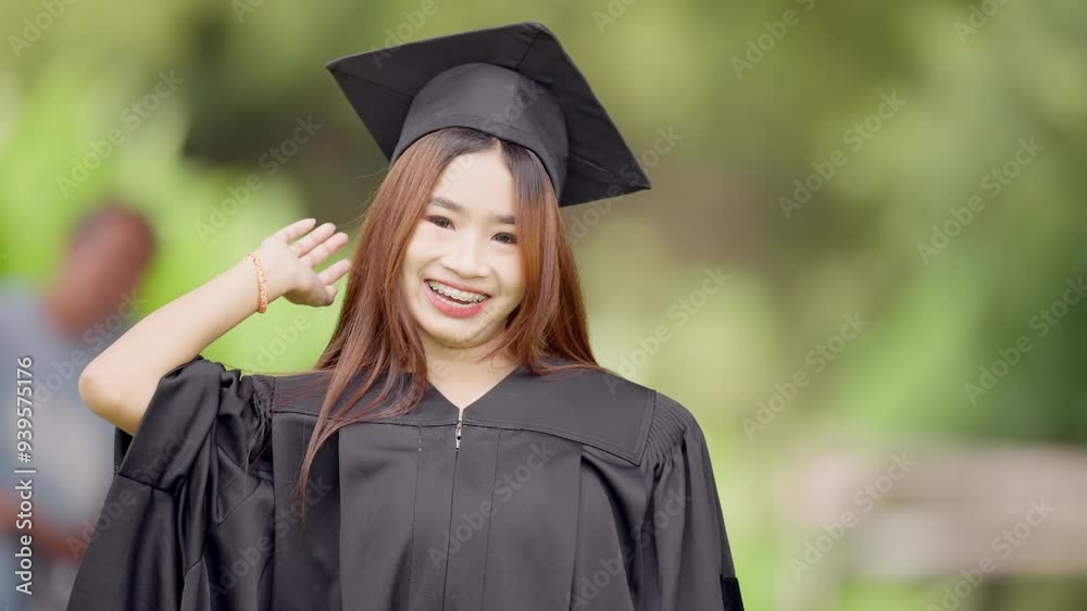 A woman in a black graduation gown is holding her hand up in the air ...