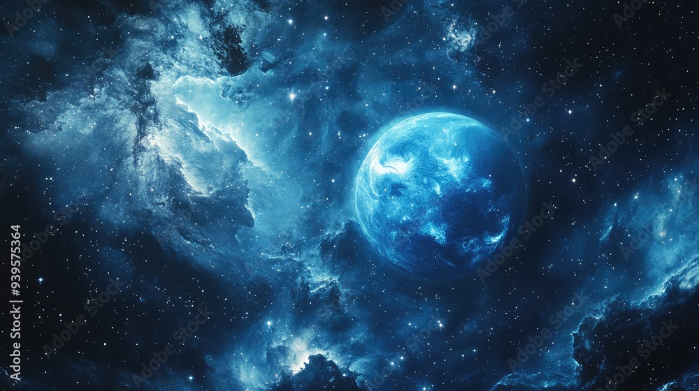 Neptune glowing softly in a starry galaxy, with swirling interstellar clouds and bright stars providing a beautiful backdrop. Neptune glowing softly in a starry galaxy, with swirling interstellar clouds and bright stars providing a beautiful backdrop.
