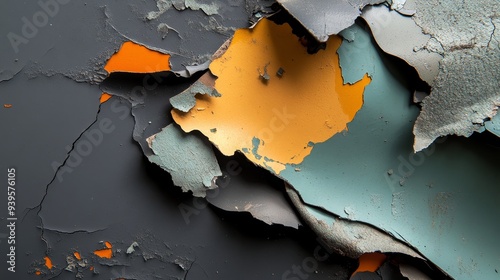 A close-up macro photograph of peeling paint revealing layers of colorful hues. The texture showcases the passage of time and the effects of wear and tear, symbolizing aging, decay, history, and resil photo