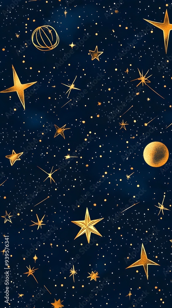Fototapeta premium Golden Stars on Blue Background, Abstract Image, Texture, Pattern, Wallpaper, Cover and Screen of Smartphone, Cell Phone, Computer, Laptop, 9:16 and 16:9 Format