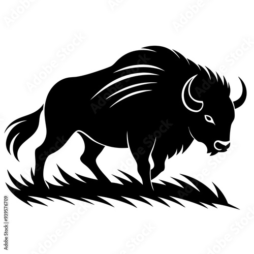 A Bison charging through a windswept prairie silhouette vector illustration