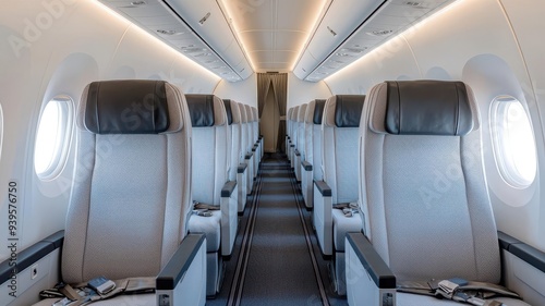 Modern airplane interior showing spacious seating and bright lighting, designed for comfort during flights.