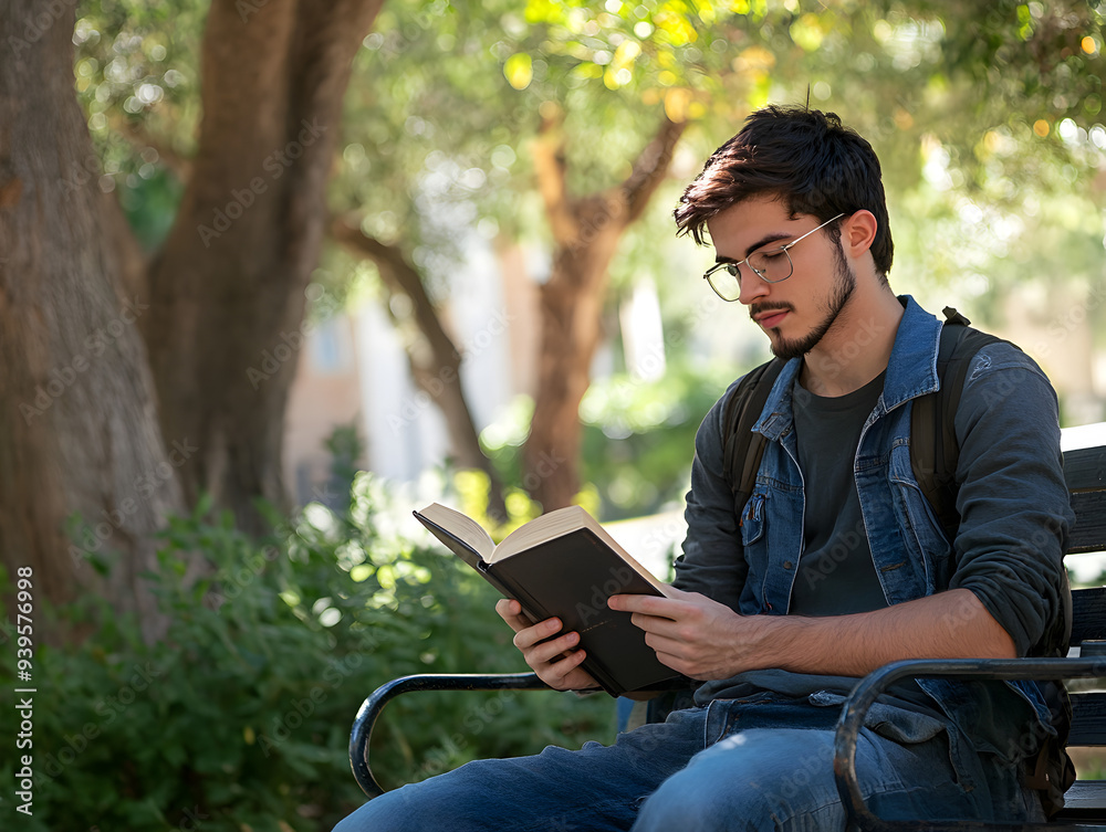 Fototapeta premium Tranquil Study Session - Young Male College Student Reading Textbook Outdoors on Campus Bench Under Tree Shade