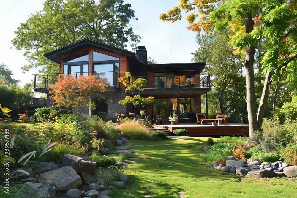 Modern wooden house with large windows and a balcony is surrounded by a lush green garden with a landscaped backyard Modern wooden house with large windows and a balcony is surrounded by a lush green garden with a landscaped backyard