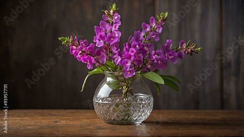 stock photography angelonia flower in a beautiful vase with a background of wooden table photo