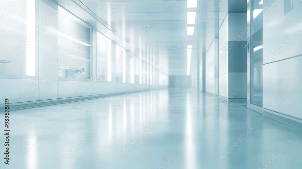 Obraz premium A sleek, modern corridor with reflective surfaces and bright lighting.