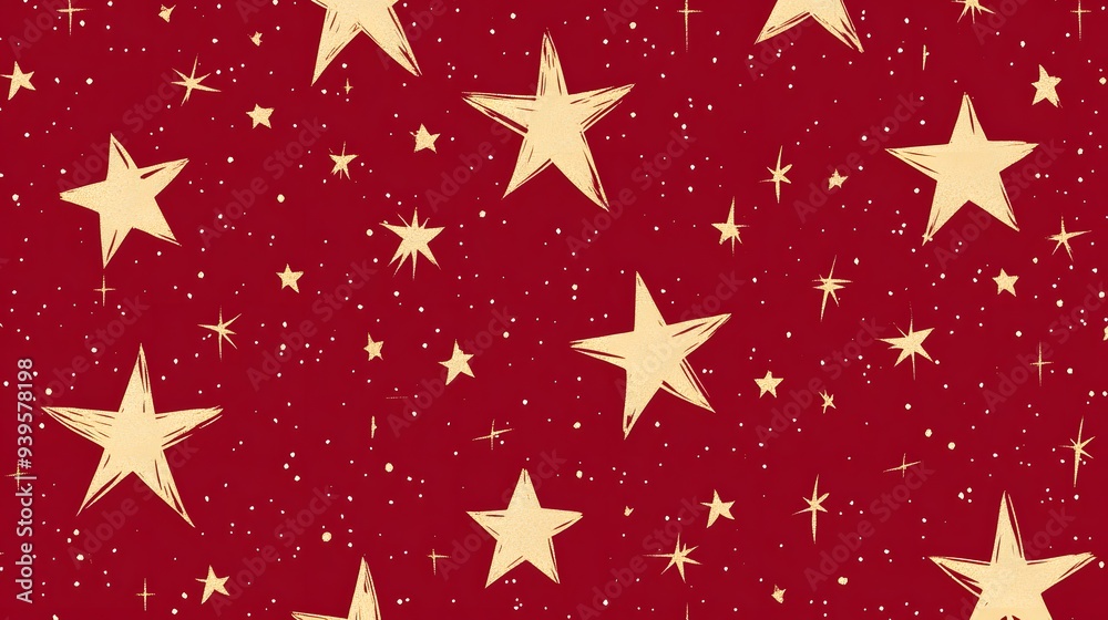 Golden Stars on Red Background, Abstract Image, Texture, Pattern, Wallpaper, Cover and Screen of Smartphone, Cell Phone, Computer, Laptop, 9:16 and 16:9 Format
