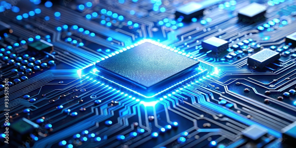 Glowing Blue Circuit Board with CPU, 3D Render, Digital Technology, Motherboard, Microchip, Processor, Computer Hardware Glowing Blue Circuit Board with CPU, 3D Render, Digital Technology, Motherboard, Microchip, Processor, Computer Hardware