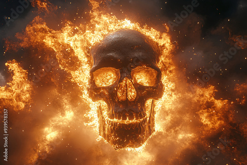 A skull engulfed in flames, representing horror and Halloween themes. Suitable for use in spooky or macabre design projects. photo