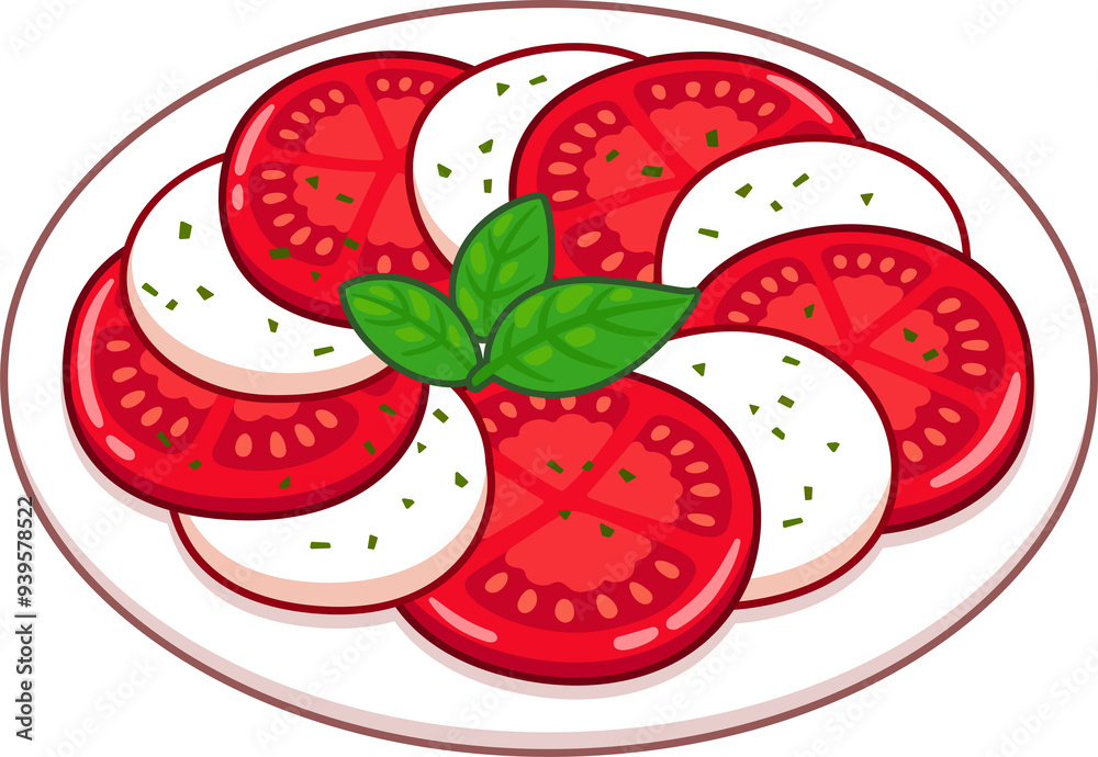 Caprese salad cartoon drawing, classic Italian food. Tomato and mozzarella slices with basil leaf. Hand drawn clip art illustration. Caprese salad cartoon drawing, classic Italian food. Tomato and mozzarella slices with basil leaf. Hand drawn clip art illustration.