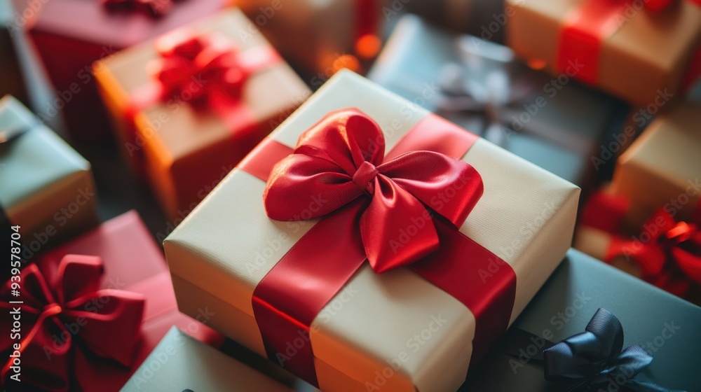 Gift boxes arranged in an elegant composition with ribbon bows, creating a festive and luxurious atmosphere Gift boxes arranged in an elegant composition with ribbon bows, creating a festive and luxurious atmosphere