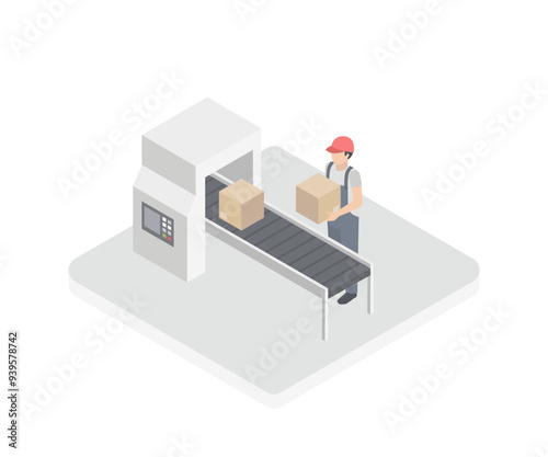 Isometric workers on conveyor belt. Delivery service concept. Parcels on conveyor.