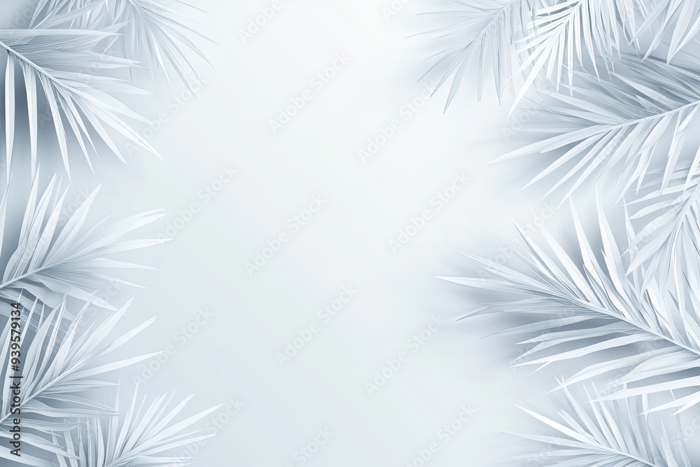 Obraz premium Minimalist white palm leaves frame on a light blue background.