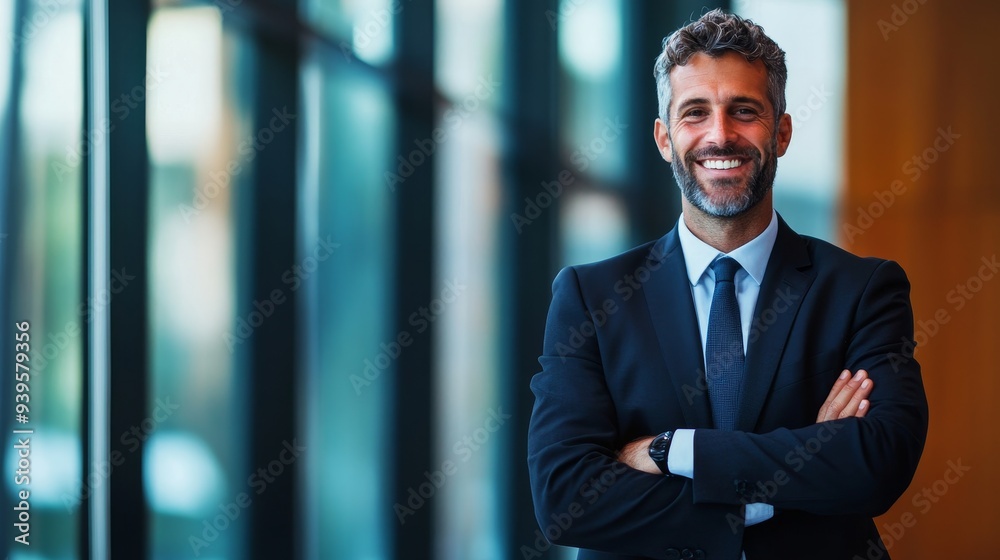 A confident businessman, wearing a navy suit and tie, stands with his arms crossed, smiling at the camera. The image evokes professionalism, success, leadership, and trust. The background features mod A confident businessman, wearing a navy suit and tie, stands with his arms crossed, smiling at the camera. The image evokes professionalism, success, leadership, and trust. The background features mod