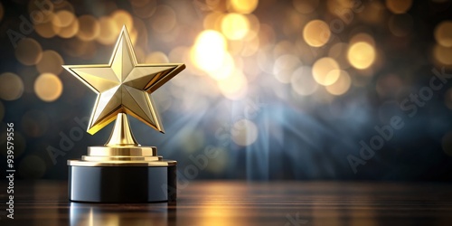 Golden Star Award Trophy on Wooden Table, Award, Trophy, Recognition, Achievement