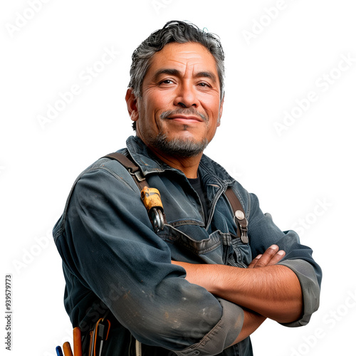European male furniture assembler isolated on white or transparent background. Close-up of furniture assembler with different tools.