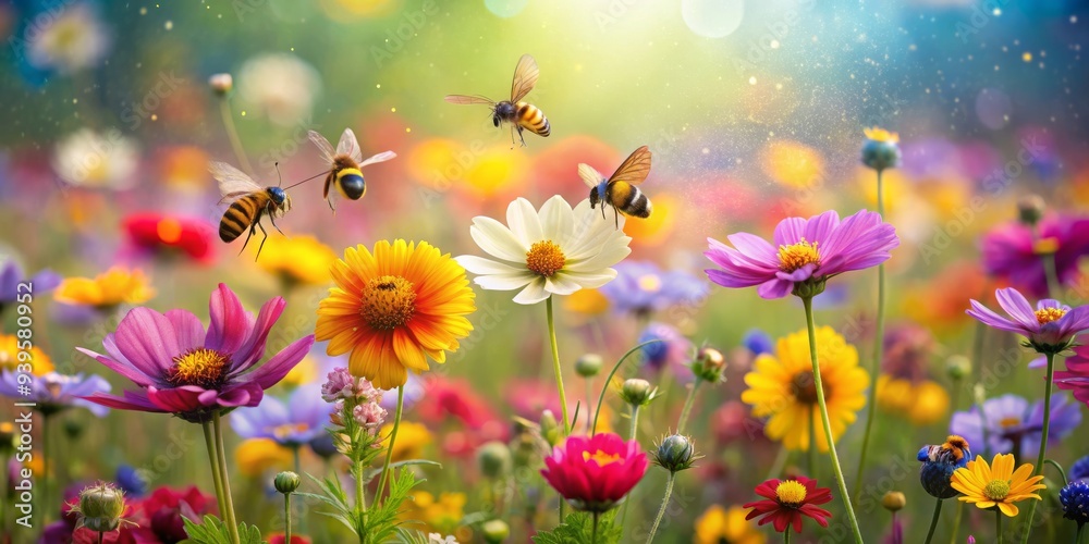 Honeybee Buzzing in a Colorful Wildflower Meadow, Bees, Flowers, Nature, Spring Honeybee Buzzing in a Colorful Wildflower Meadow, Bees, Flowers, Nature, Spring