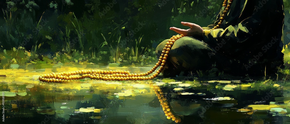Obraz premium Buddhist Mala Beads Peaceful Garden Buddhism Religion Spiritual Symbol
