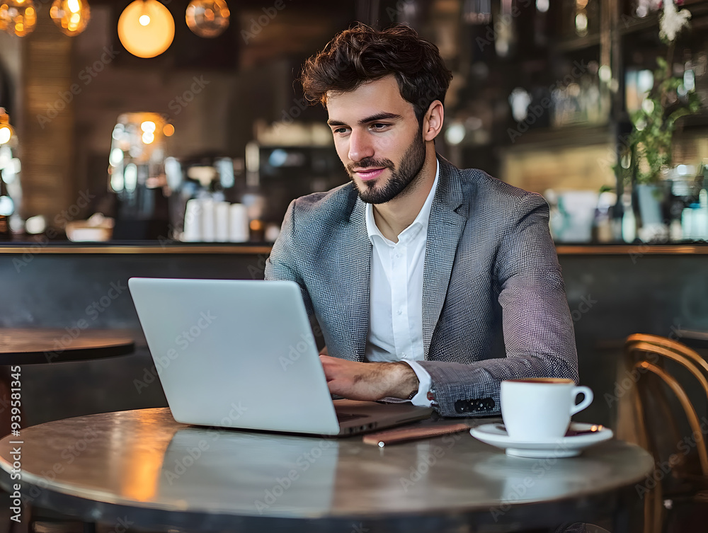 Young Businessman Balancing Work and Leisure at Cafe Table with Laptop and Coffee Young Businessman Balancing Work and Leisure at Cafe Table with Laptop and Coffee