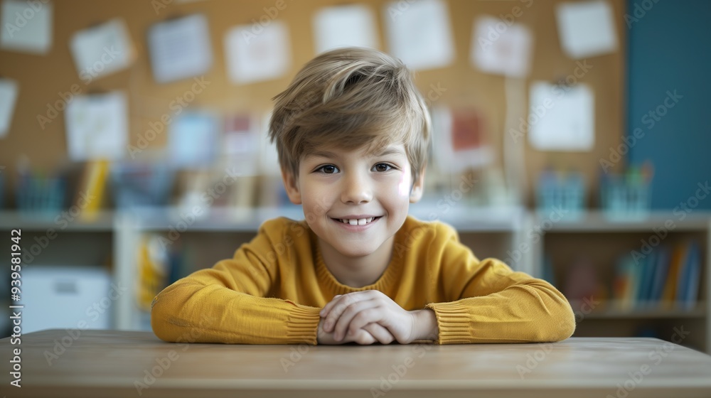 Naklejka premium cute schoolboy sitting at the desk, smiling, looking at the camera during the lesson