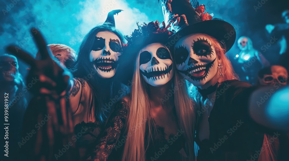 Group of Friends Dressed in Halloween Costumes at a Party Group of Friends Dressed in Halloween Costumes at a Party